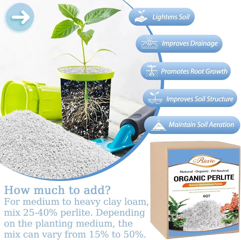 Riare 6 Quarts Organic Perlite for Plants - Horticultural Soil Amendment for Potting Mix, Natural Chunky Soil Additive Conditioner to Improve Root Growth, Drainage and Ventilation - Image 3